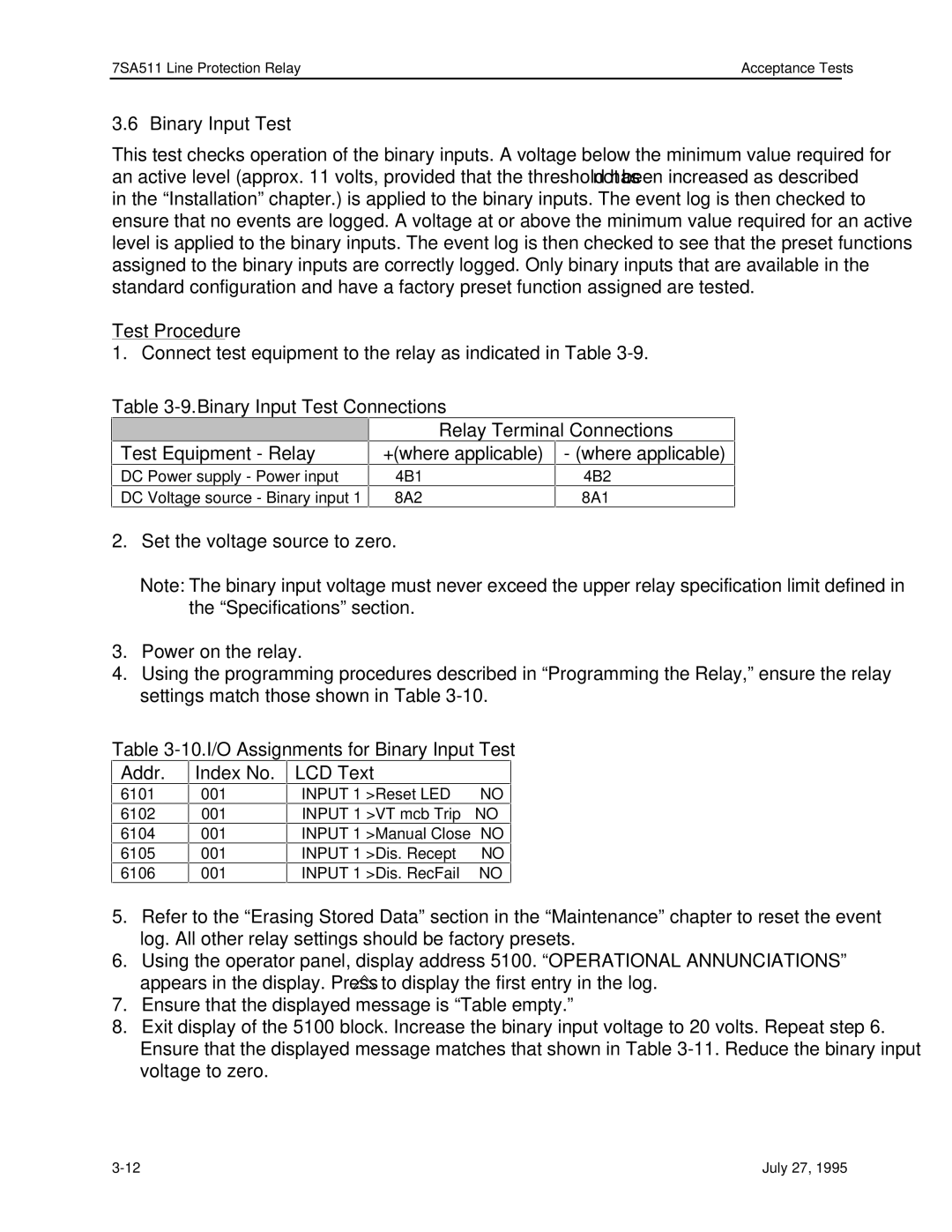 Siemens 7SA511 manual Binary Input Test, Addr, Index No 