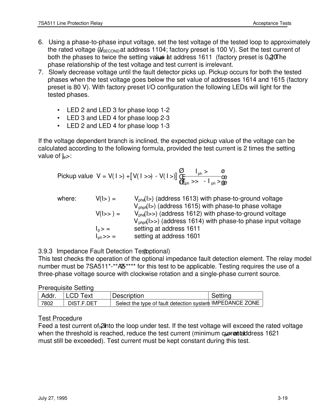 Siemens 7SA511 manual Impedance Fault Detection Test optional, Prerequisite Setting Addr LCD Text, Impedance Zone 