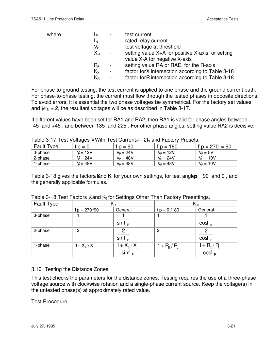 Siemens 7SA511 manual Fault Type, Testing the Distance Zones 