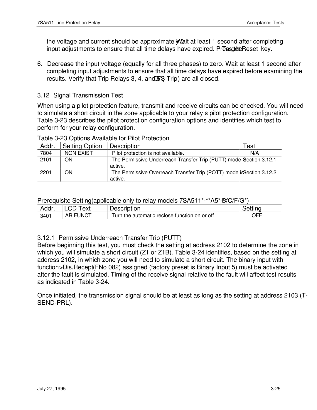 Siemens 7SA511 manual Signal Transmission Test, Addr Setting Option Description, Permissive Underreach Transfer Trip Putt 