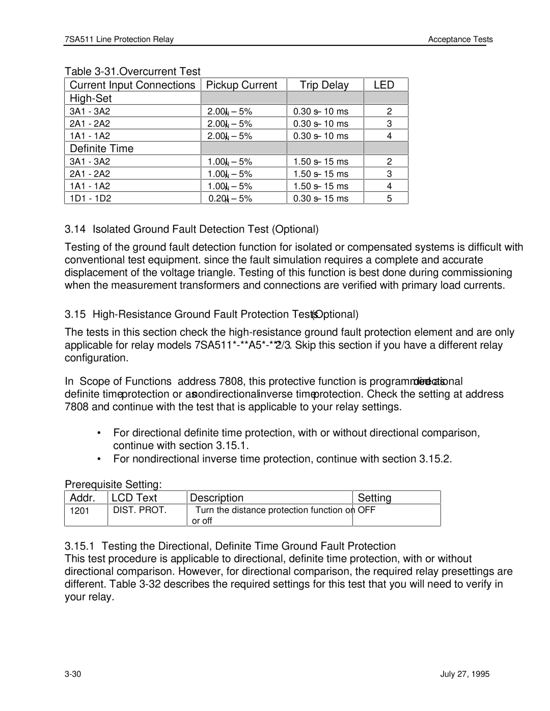 Siemens 7SA511 manual High-Set, Definite Time 