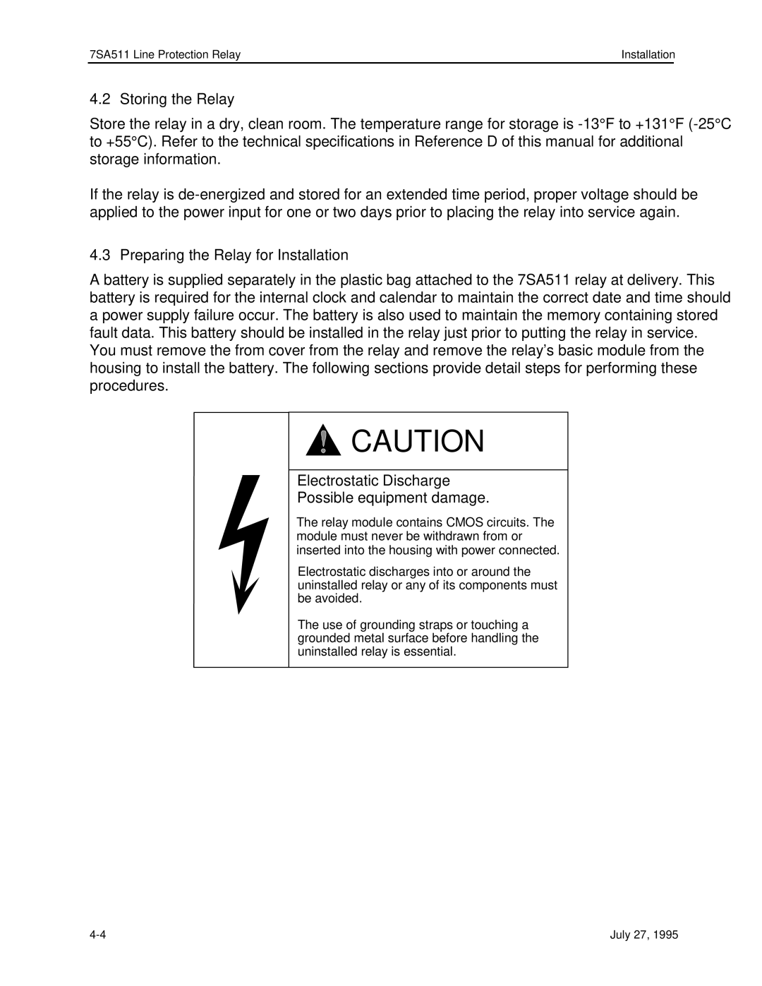 Siemens 7SA511 manual Storing the Relay, Preparing the Relay for Installation 