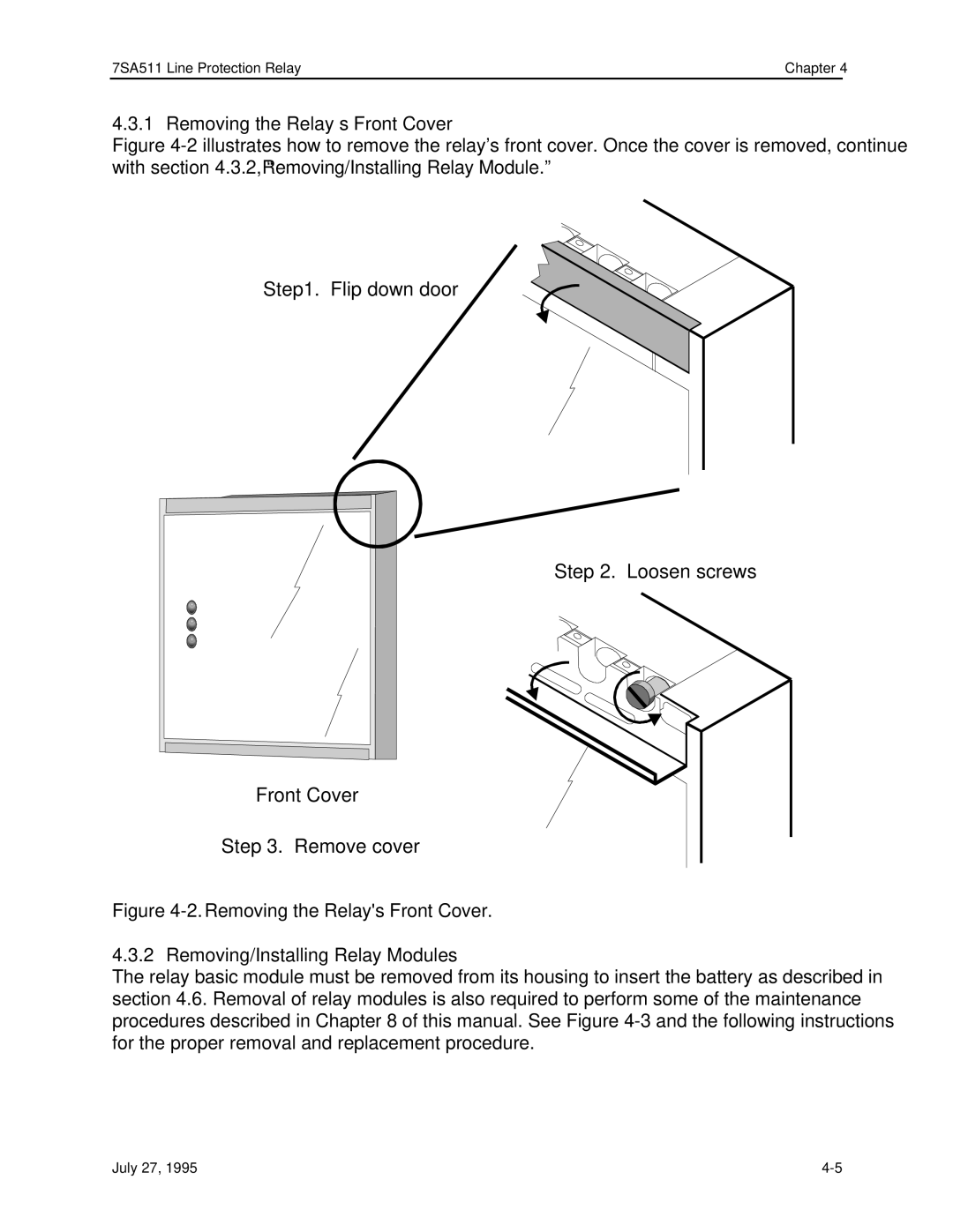 Siemens 7SA511 manual Removing the Relay’s Front Cover, Removing/Installing Relay Modules 