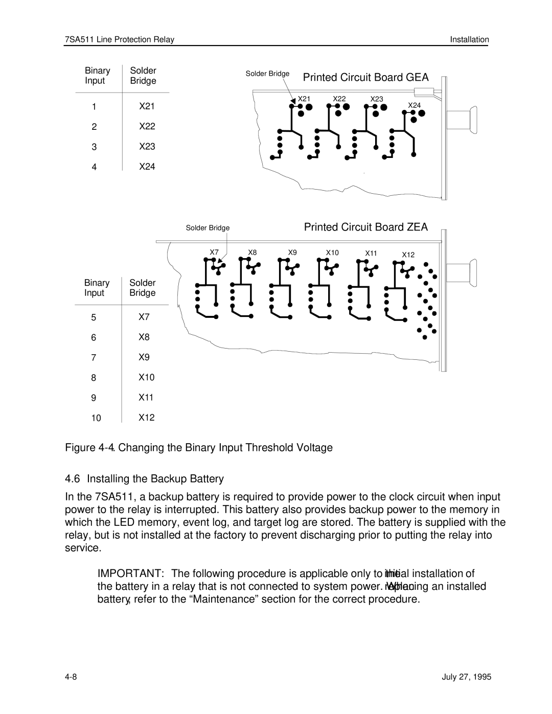 Siemens 7SA511 manual Changing the Binary Input Threshold Voltage, Installing the Backup Battery 