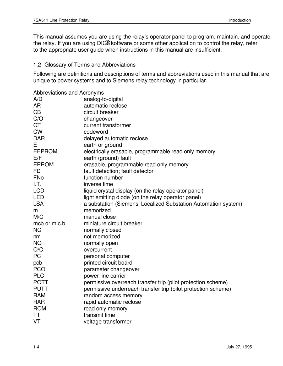 Siemens 7SA511 manual Glossary of Terms and Abbreviations, Abbreviations and Acronyms 