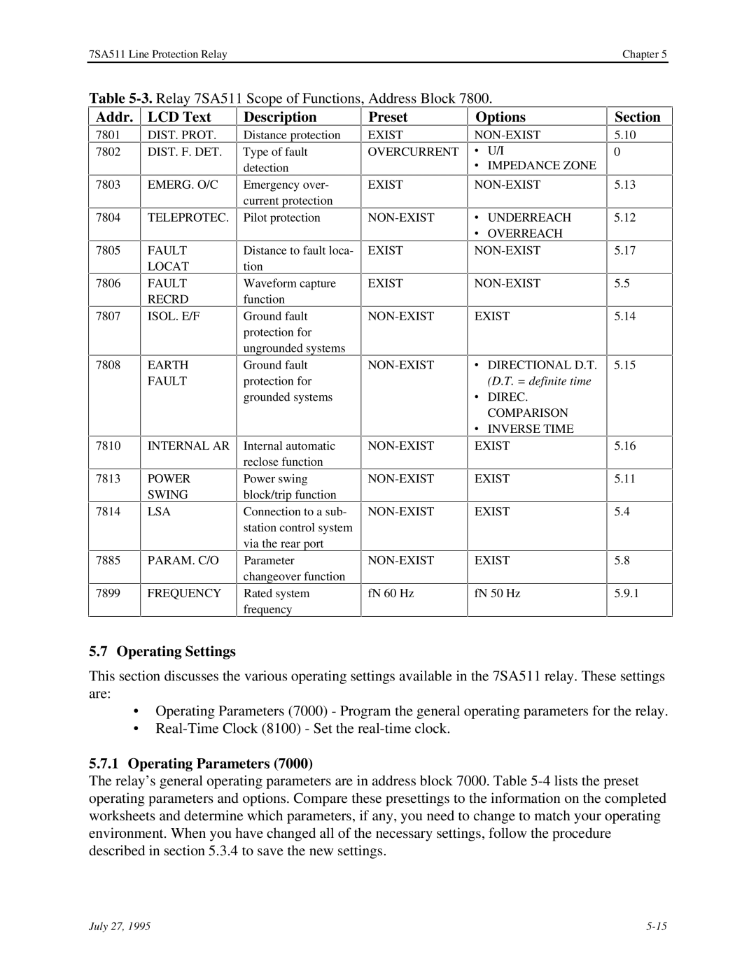 Siemens 7SA511 manual Options, Section, Operating Settings, Operating Parameters 