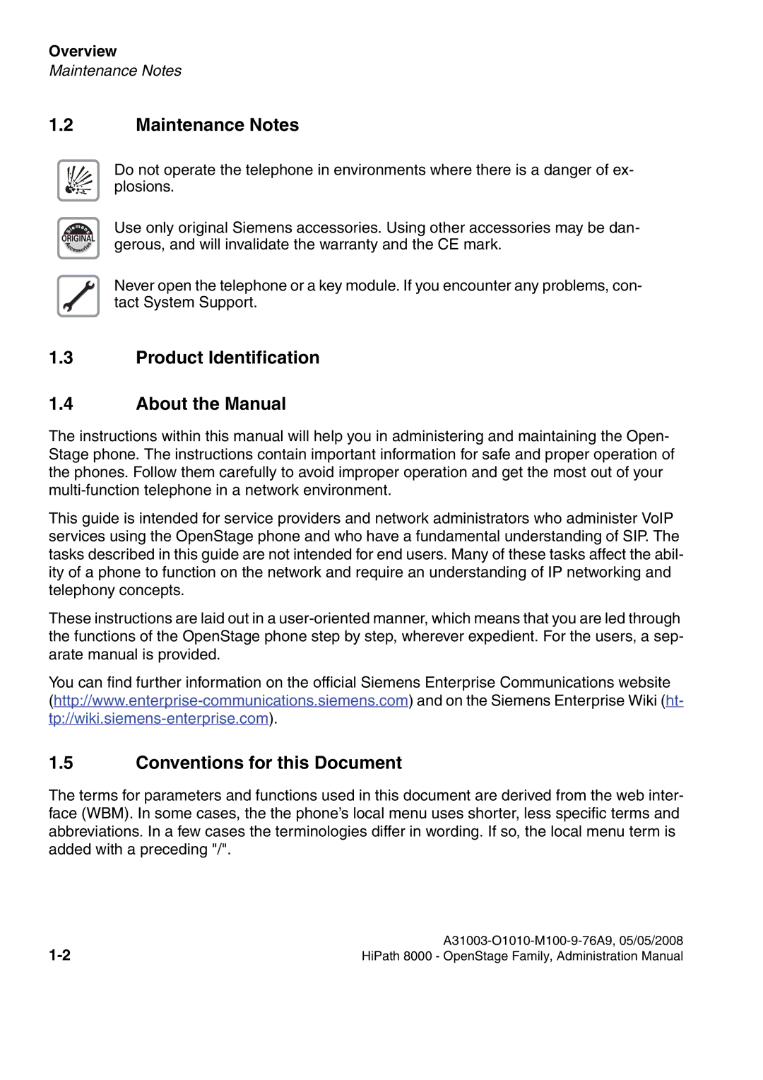 Siemens 40, 80, 60, 20 manual Maintenance Notes, Product Identification About the Manual, Conventions for this Document 