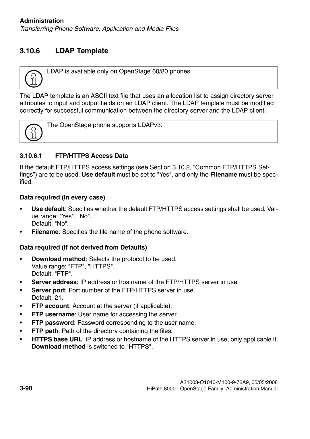 Siemens 80, 60, 40, 20 manual Ldap Template, 10.6.1 FTP/HTTPS Access Data 