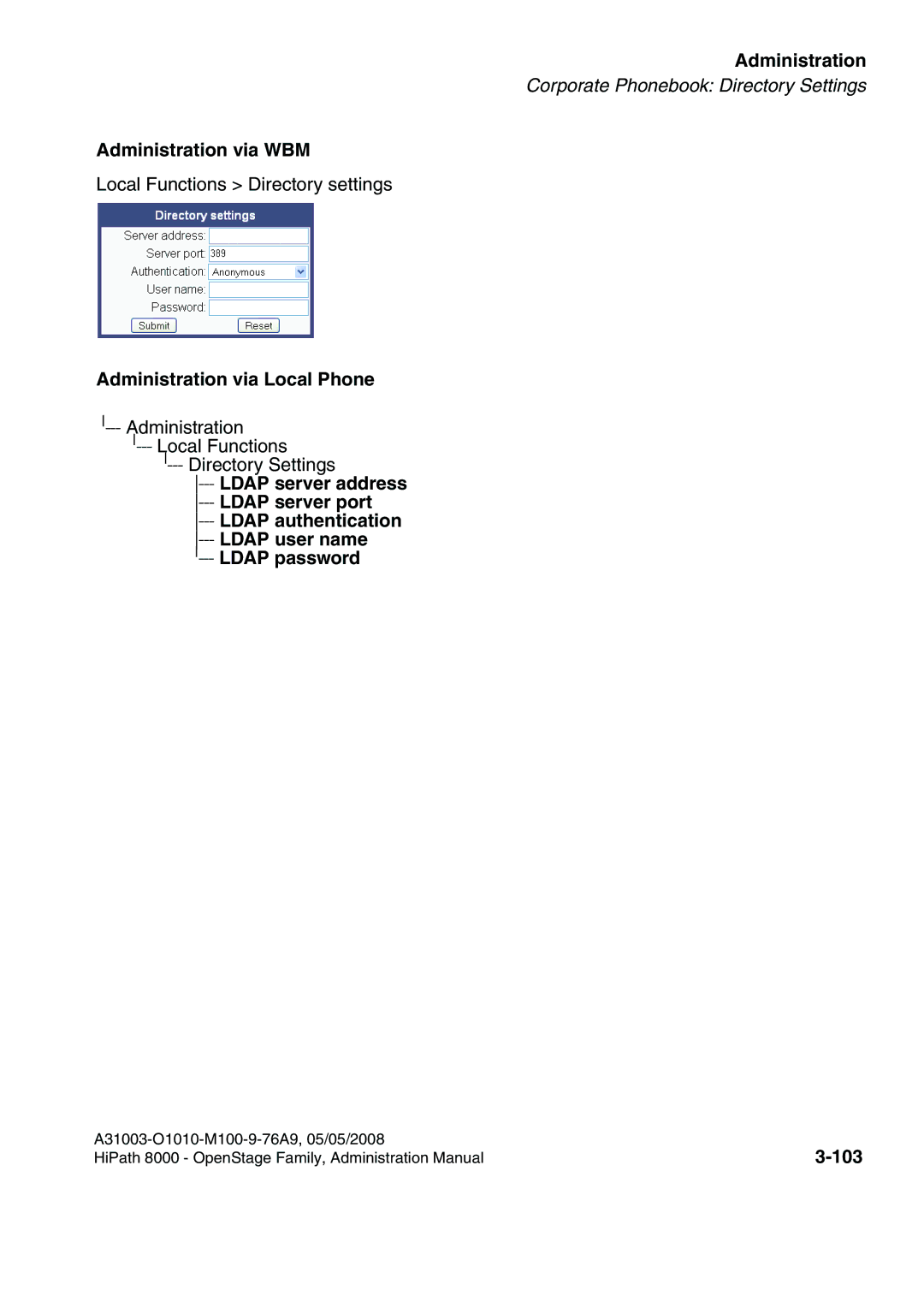 Siemens 60, 80, 40, 20 manual Administration via WBM, 103 