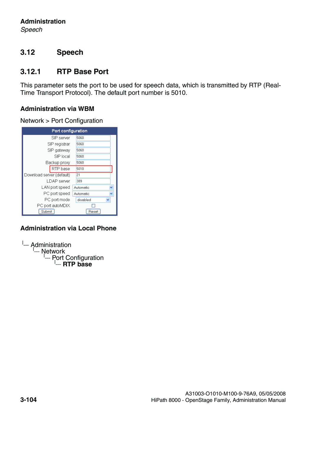 Siemens 40, 80, 60, 20 manual Speech RTP Base Port, RTP base 104 