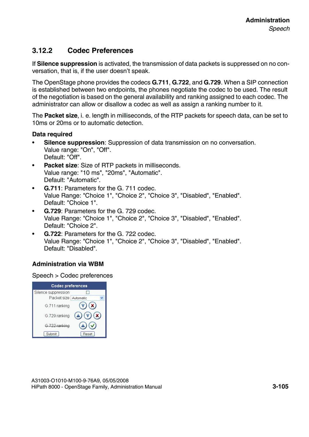 Siemens 20, 80, 60, 40 manual Codec Preferences, 105 