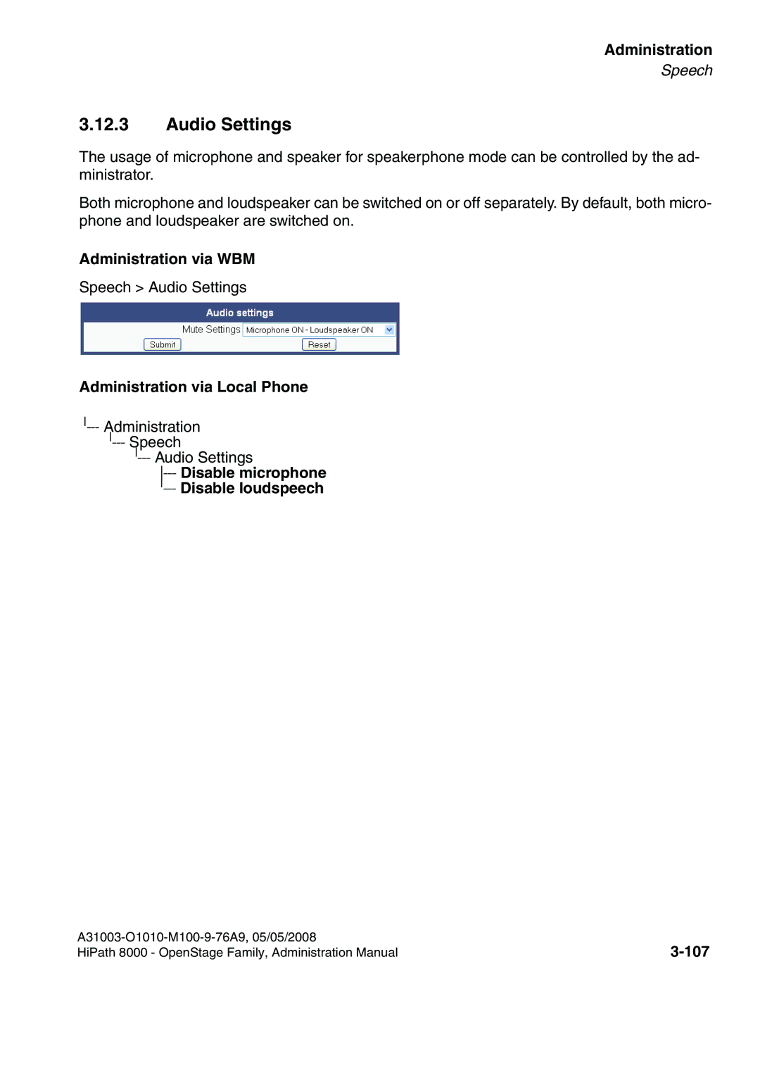 Siemens 60, 80, 40, 20 manual Audio Settings, Disable microphone ---Disable loudspeech, 107 