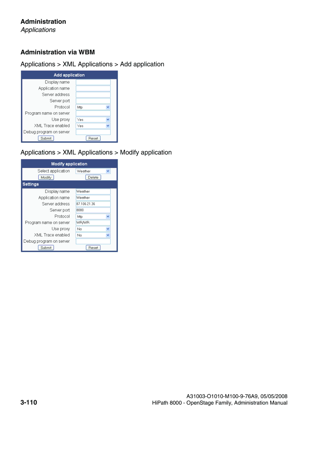 Siemens 80, 60, 40, 20 manual Administration via WBM, 110 