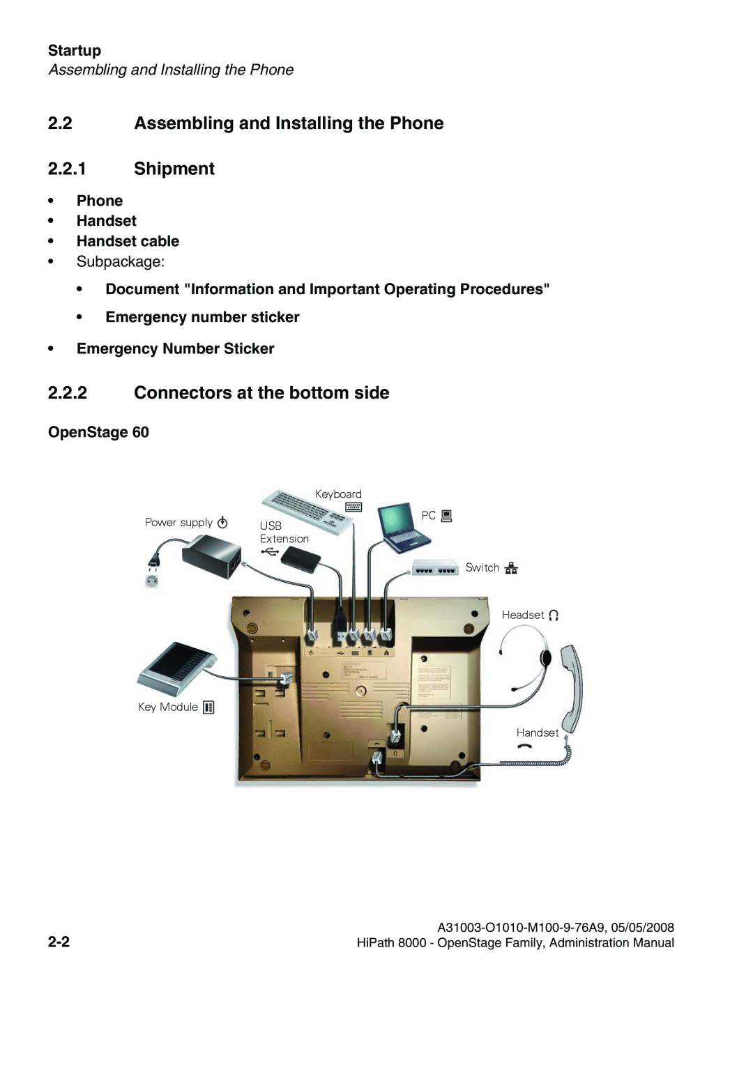 Siemens 40, 80, 60 Assembling and Installing the Phone Shipment, Connectors at the bottom side, Phone Handset Handset cable 