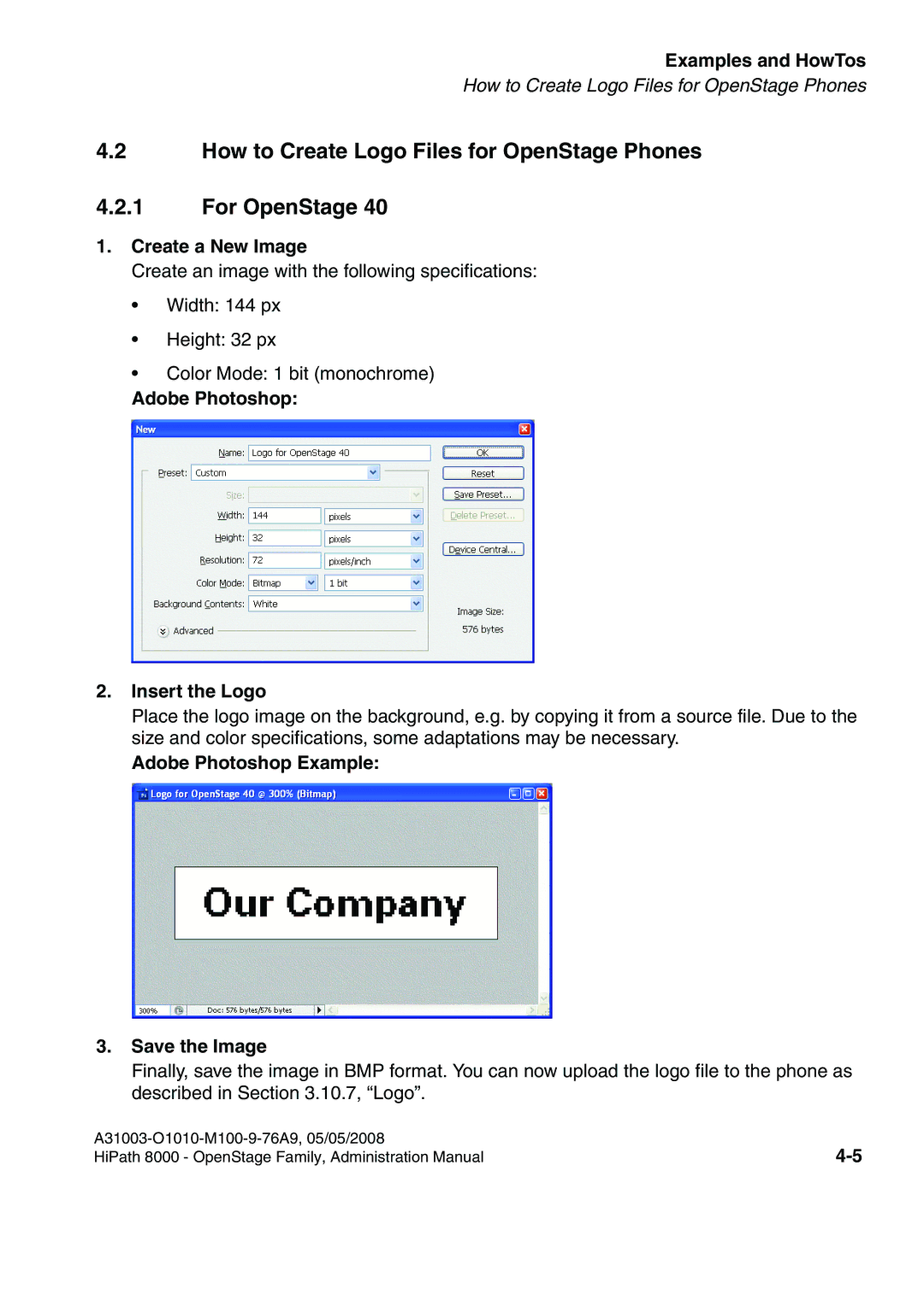 Siemens 20, 80, 60, 40 manual How to Create Logo Files for OpenStage Phones For OpenStage, Create a New Image 