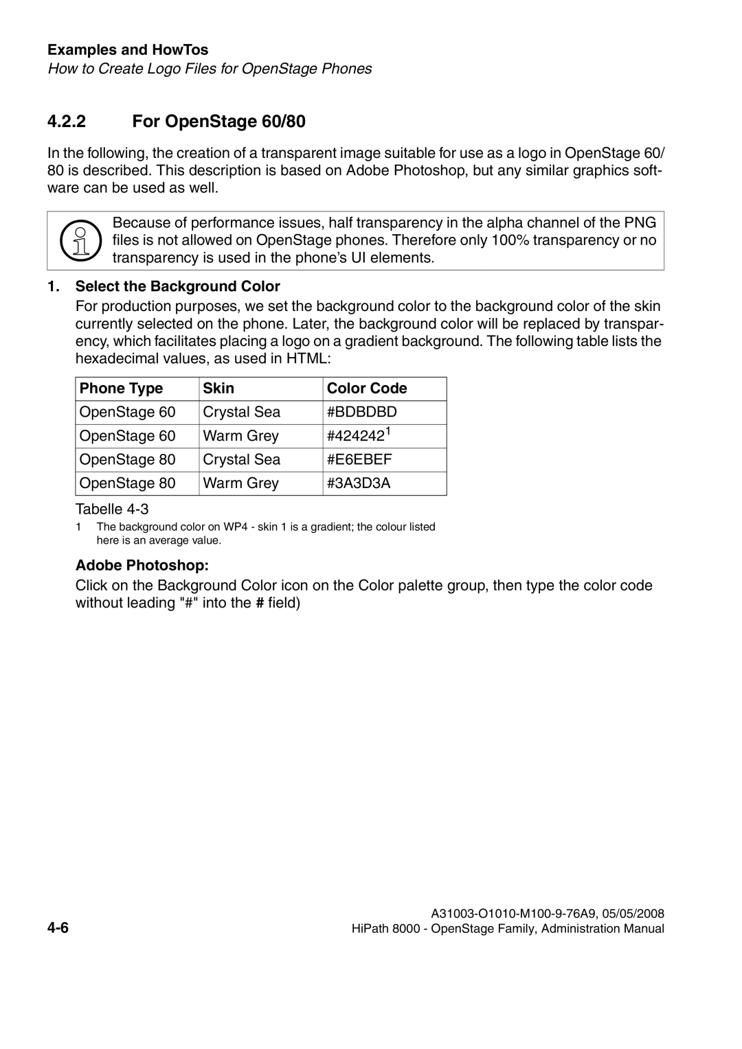 Siemens 40, 20 manual For OpenStage 60/80, Select the Background Color, Phone Type Skin Color Code, Adobe Photoshop 