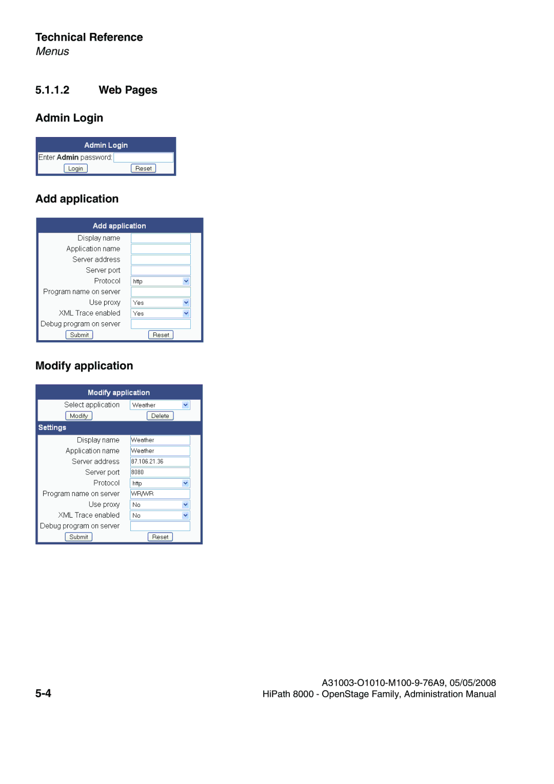 Siemens 40, 80, 60, 20 manual Web Pages Admin Login Add application Modify application 