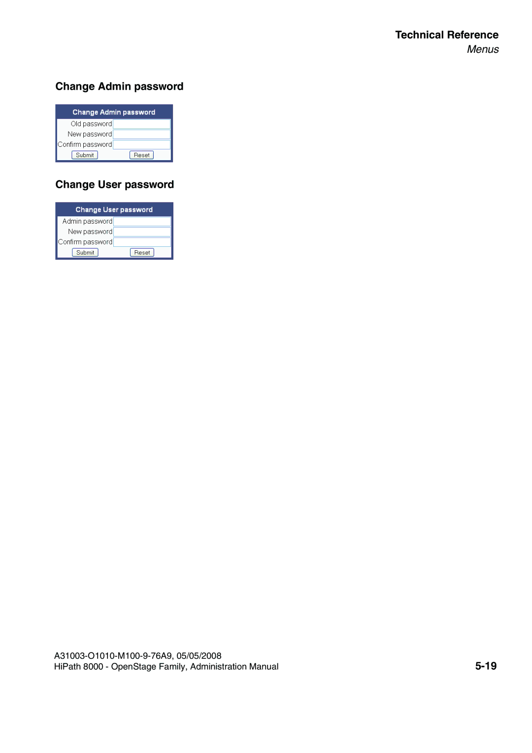 Siemens 60, 80, 40, 20 manual Change Admin password Change User password 