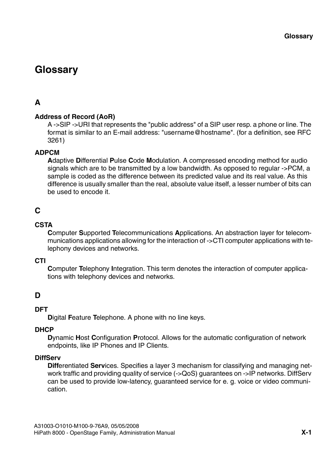 Siemens 60, 80, 40, 20 manual Glossary, Address of Record AoR, DiffServ 