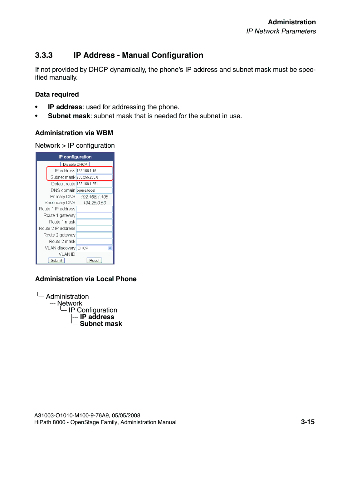 Siemens 60, 80, 40, 20 manual IP Address Manual Configuration, Data required 