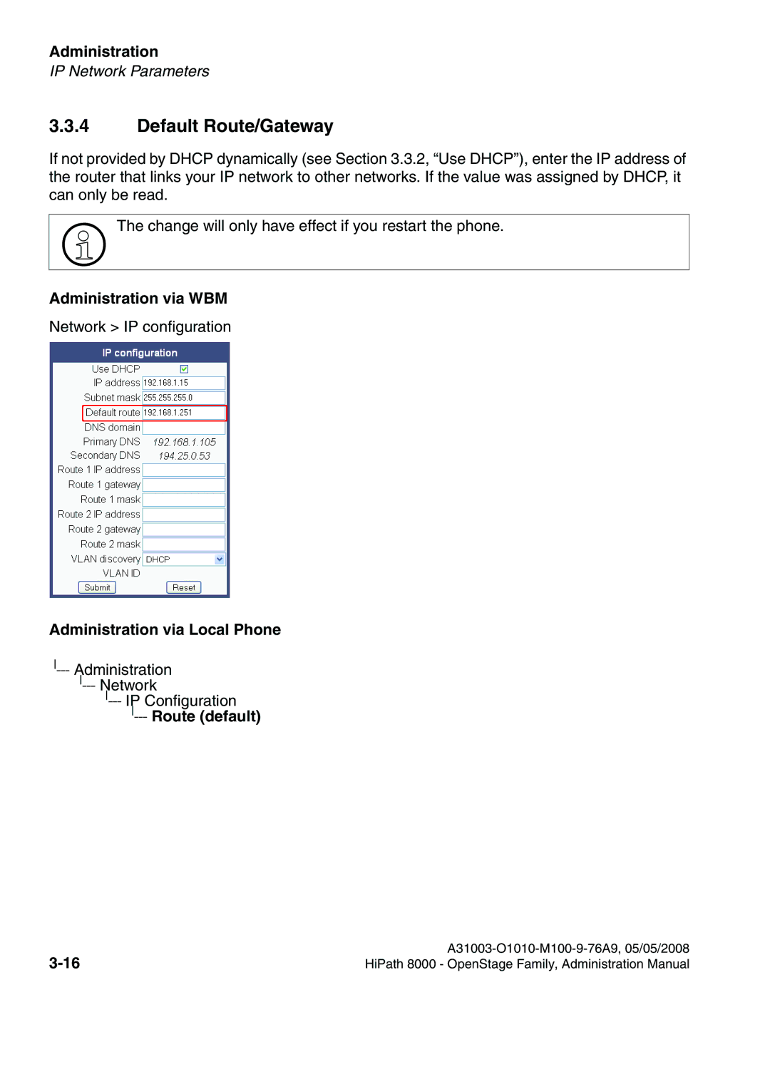 Siemens 40, 80, 60, 20 manual Default Route/Gateway, Route default 