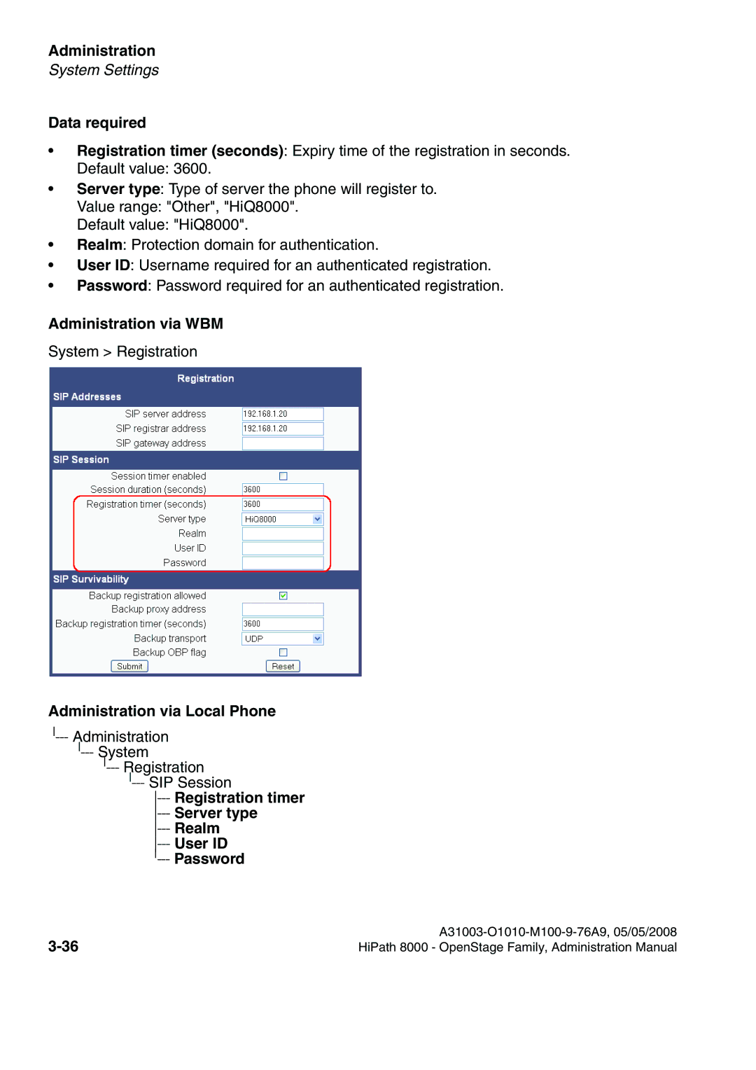 Siemens 40, 80, 60, 20 manual Registration timer ---Server type, User ID Password 