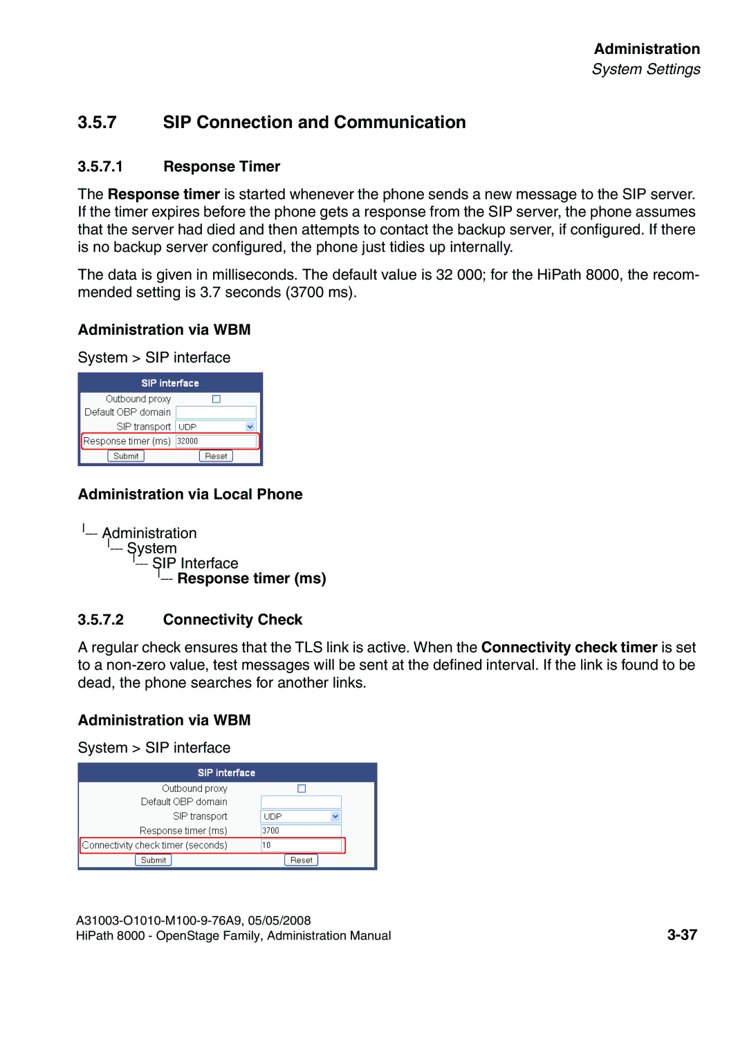 Siemens 20, 80, 60, 40 manual SIP Connection and Communication, Response Timer, Response timer ms Connectivity Check 