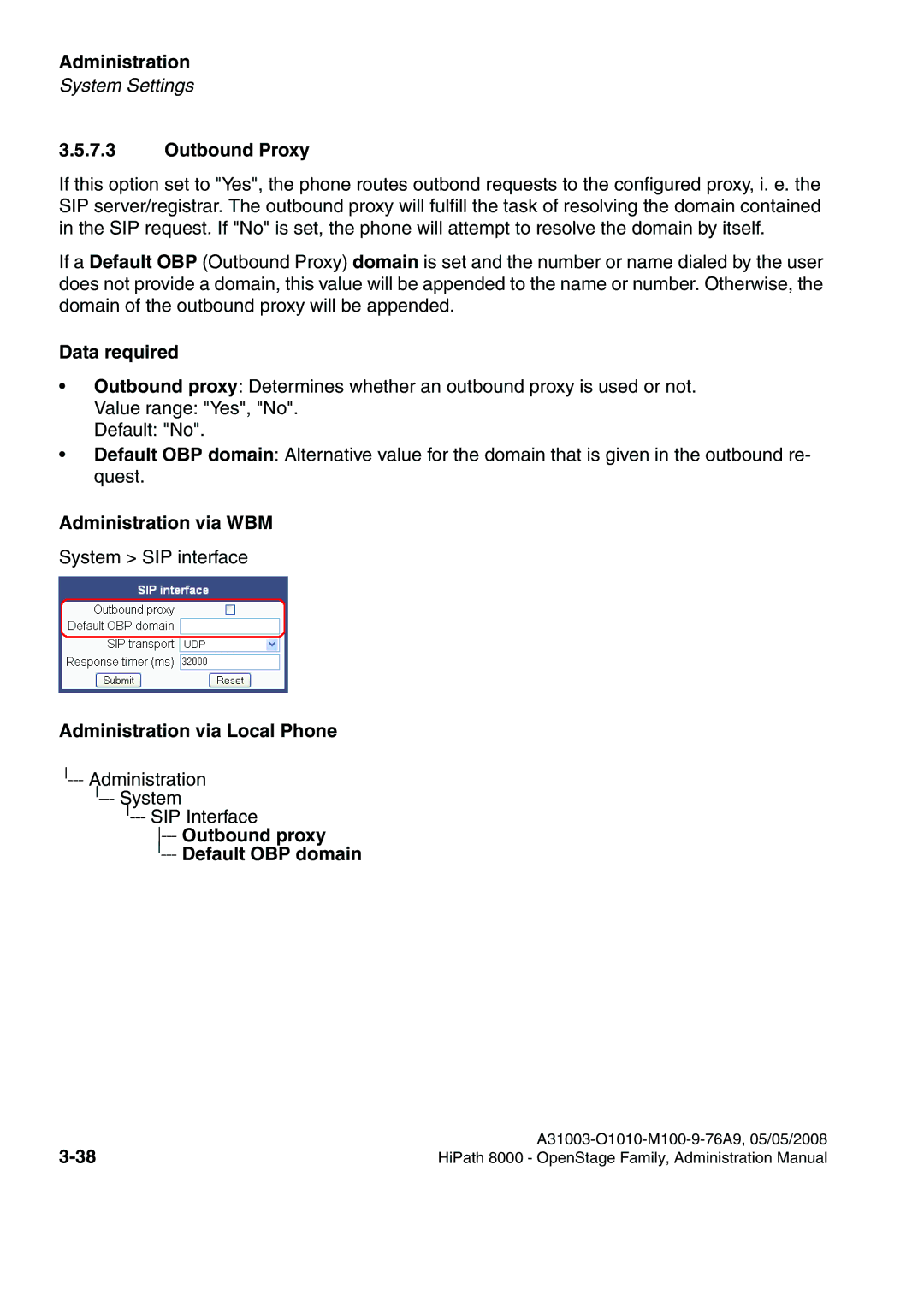 Siemens 80, 60, 40, 20 manual Outbound Proxy, Outbound proxy Default OBP domain 