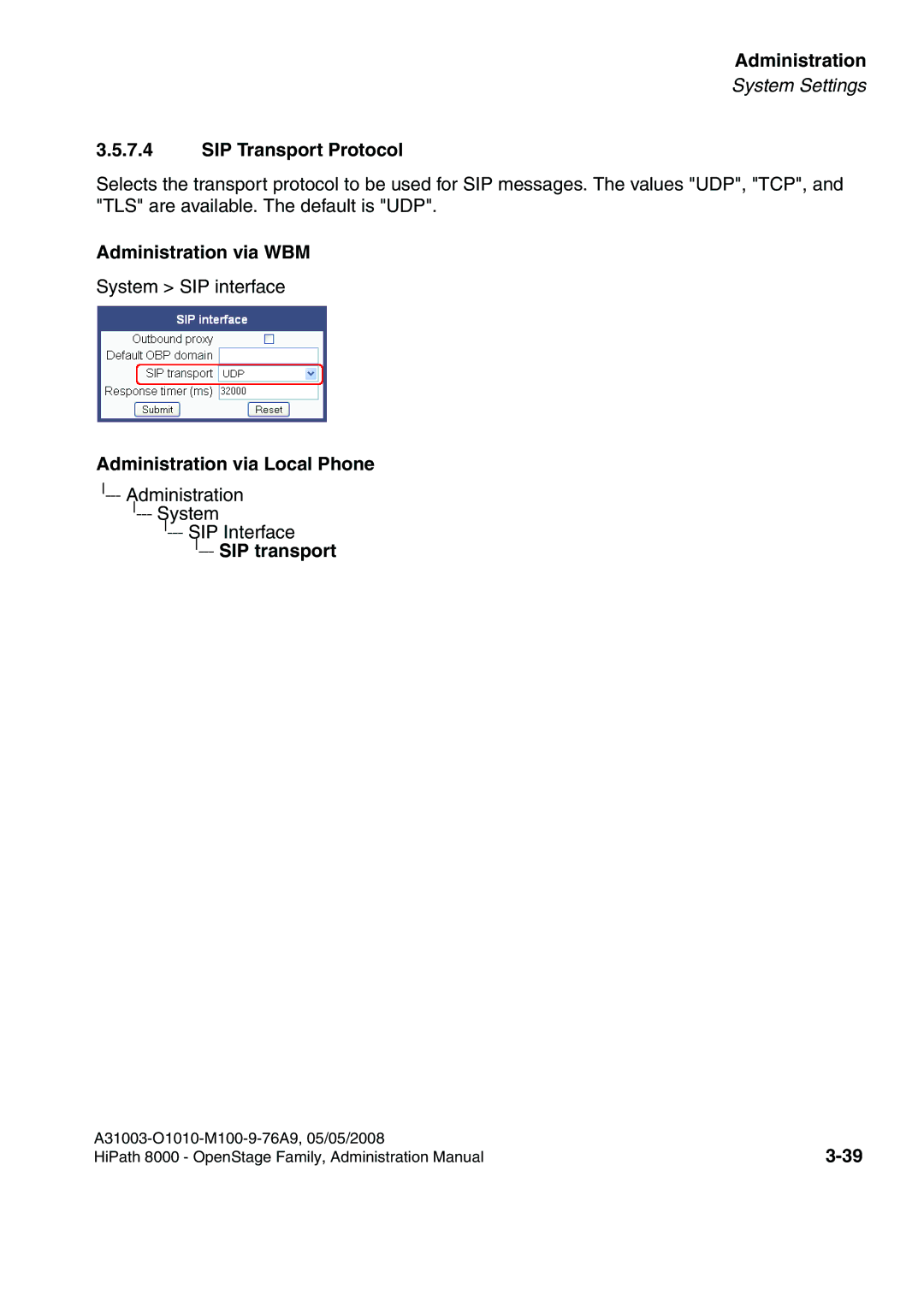 Siemens 60, 80, 40, 20 manual SIP Transport Protocol, SIP transport 