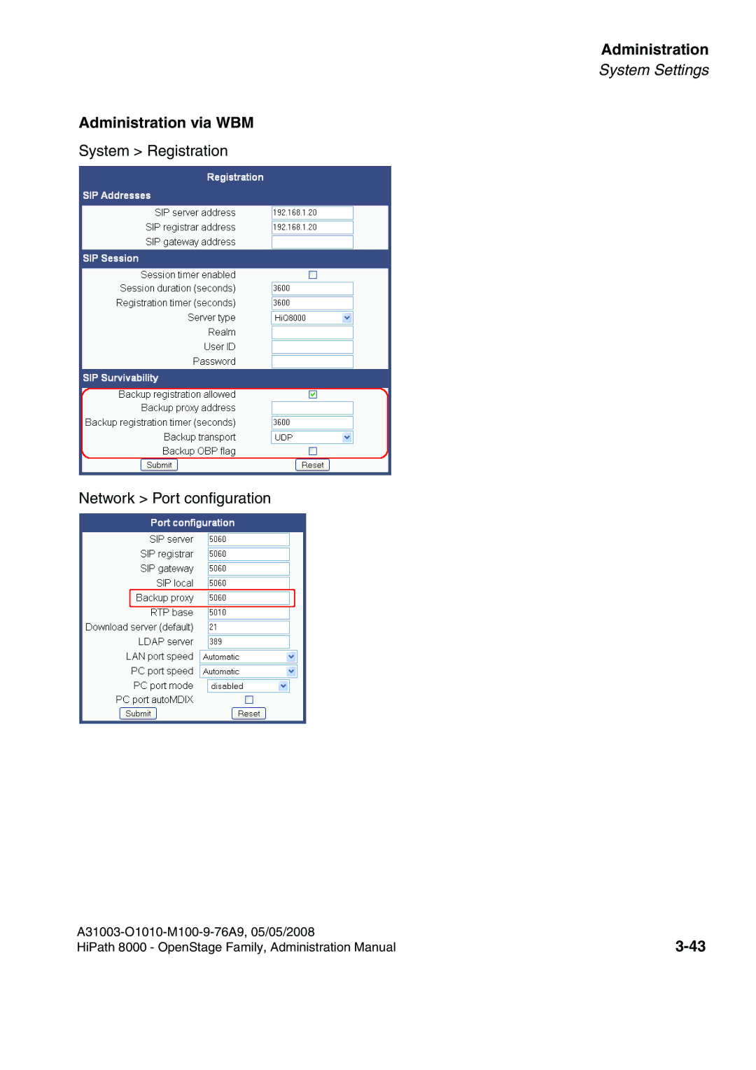 Siemens 60, 80, 40, 20 manual System Registration Network Port configuration 