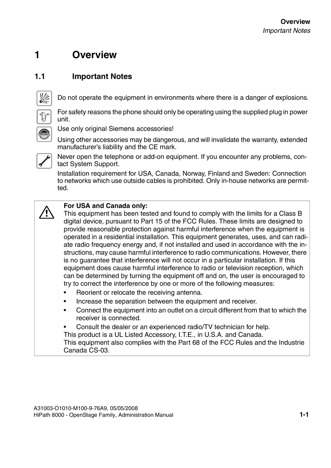 Siemens 60, 80, 40, 20 manual Important Notes, Overview, For USA and Canada only 