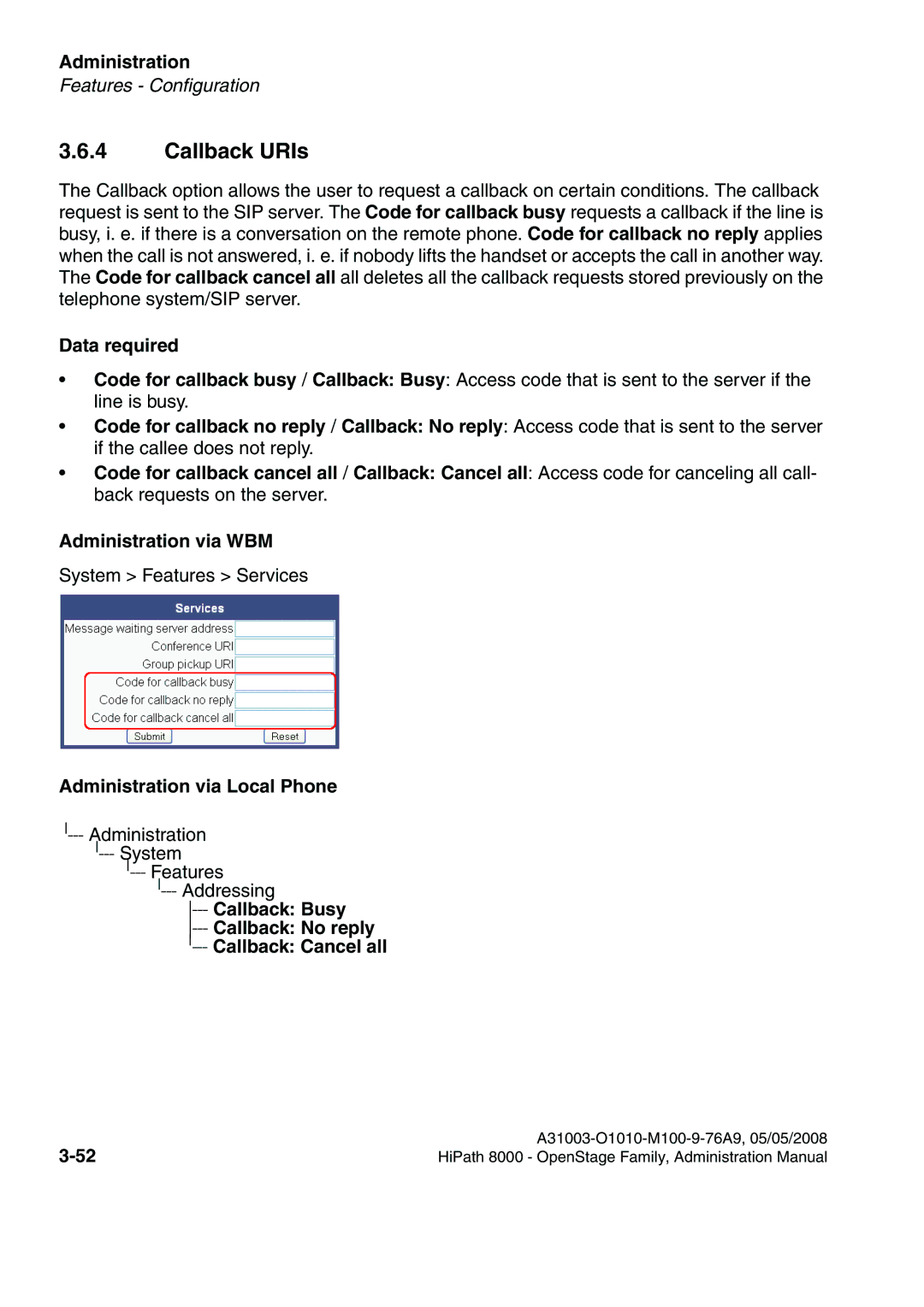 Siemens 40, 80, 60, 20 manual Callback URIs, Callback Busy Callback No reply Callback Cancel all 