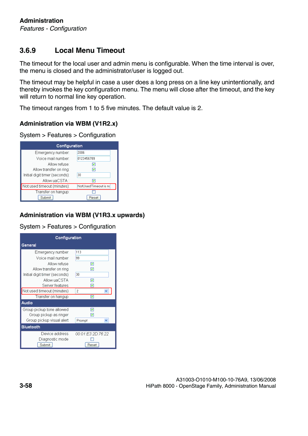 Siemens 8000 manual Local Menu Timeout 