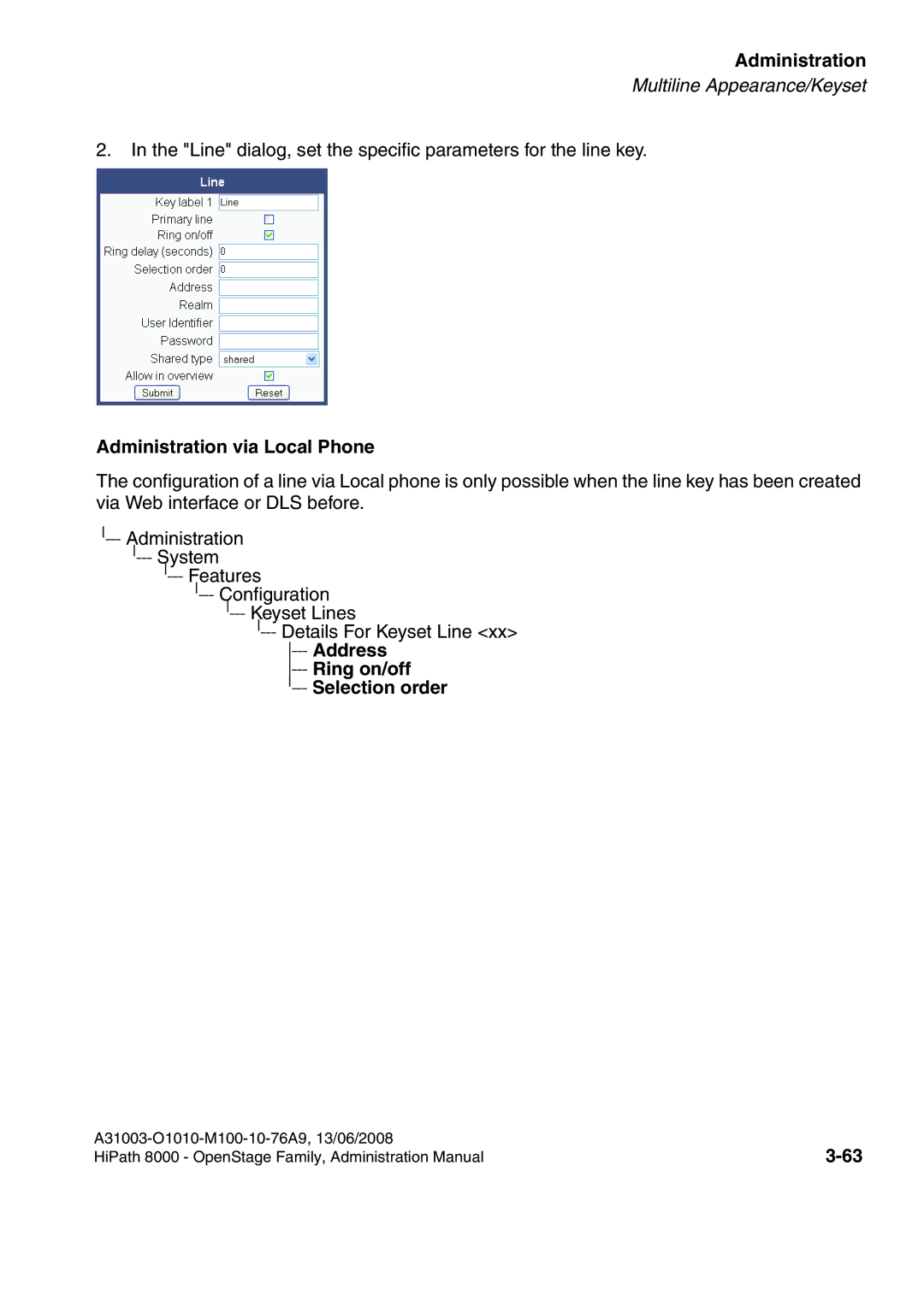 Siemens 8000 manual Administration via Local Phone, Address Ring on/off Selection order 