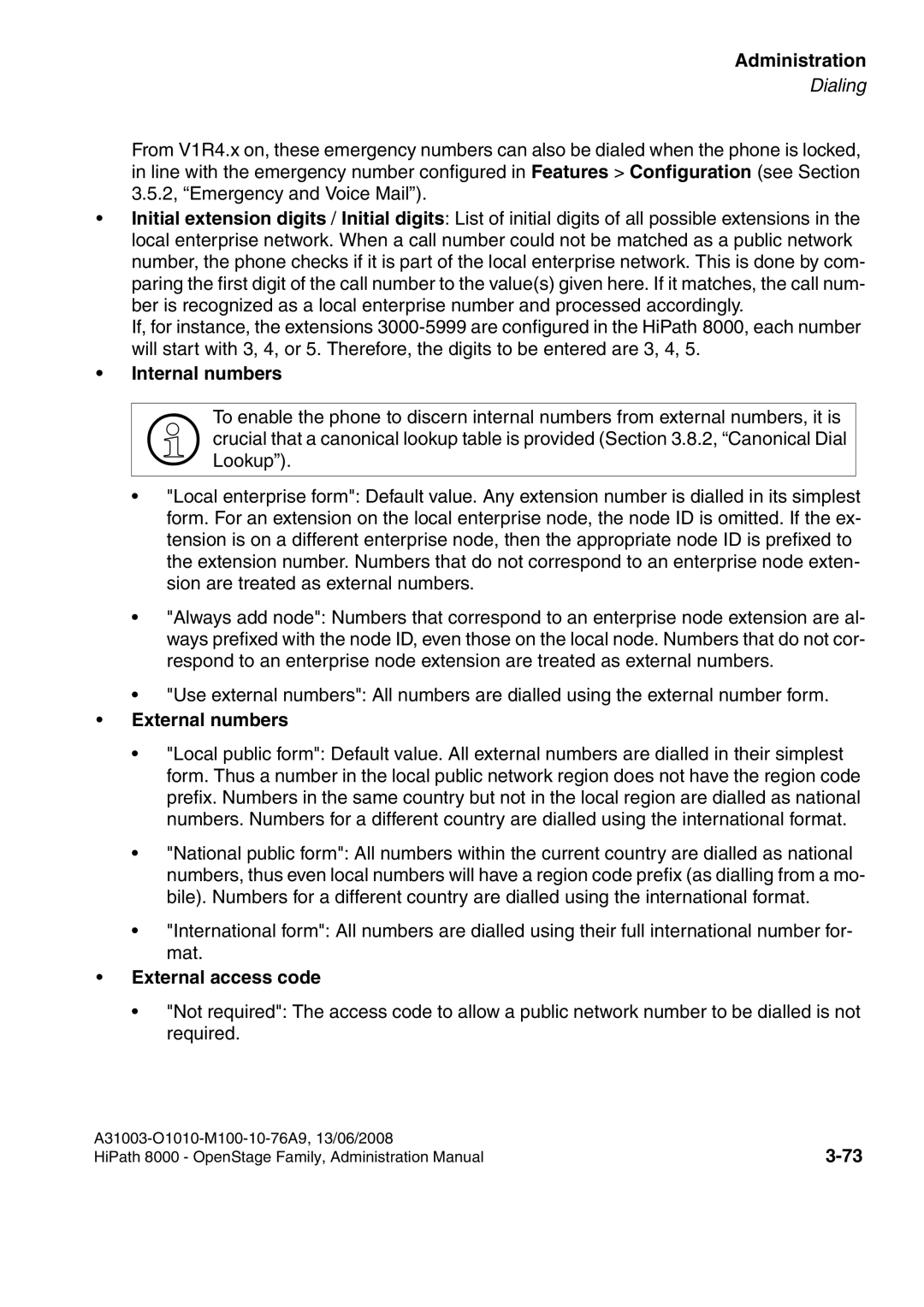 Siemens 8000 manual Internal numbers, External numbers, External access code 