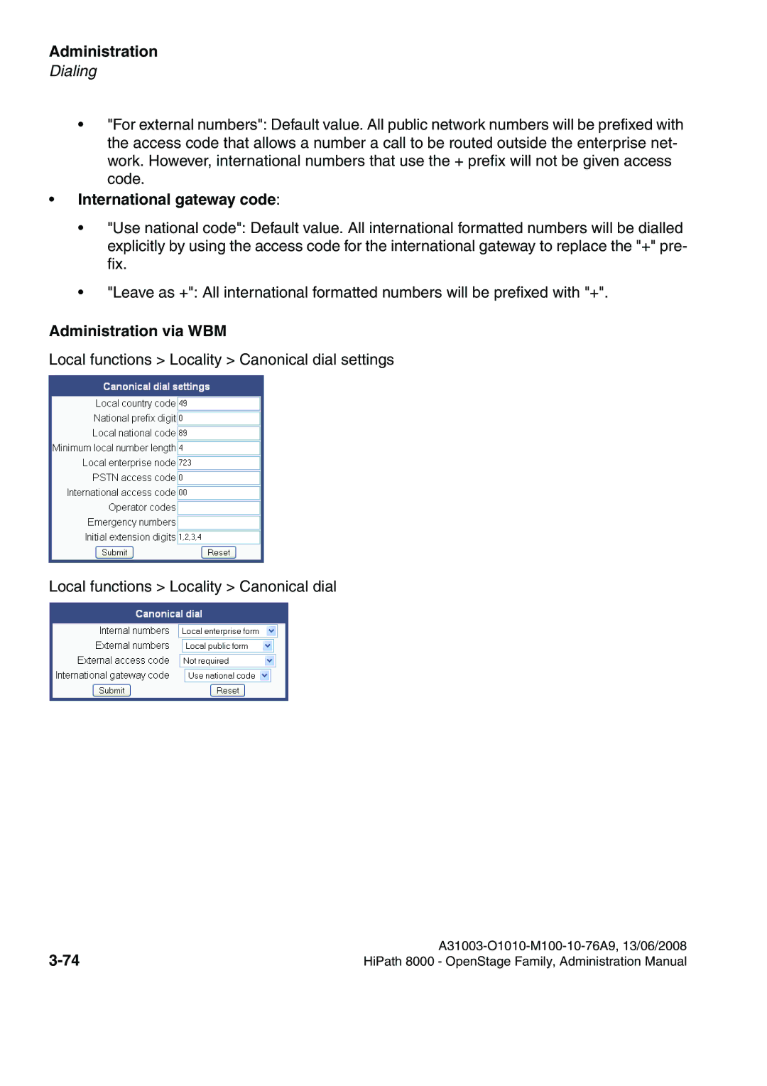 Siemens 8000 manual International gateway code, Administration via WBM 