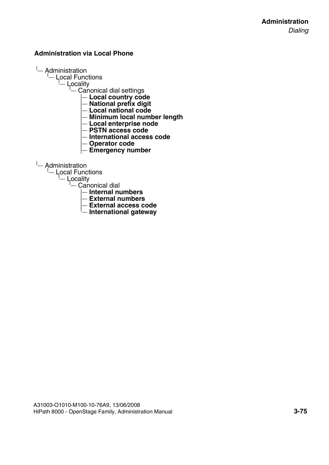 Siemens 8000 manual Administration Local Functions Locality Canonical dial 