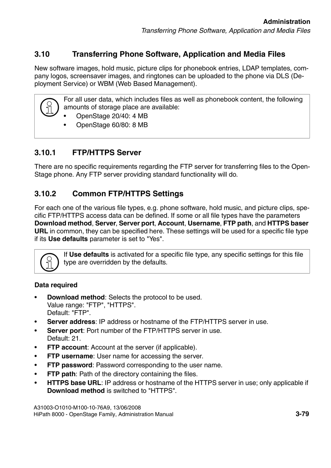 Siemens 8000 Transferring Phone Software, Application and Media Files, 10.1 FTP/HTTPS Server, Common FTP/HTTPS Settings 