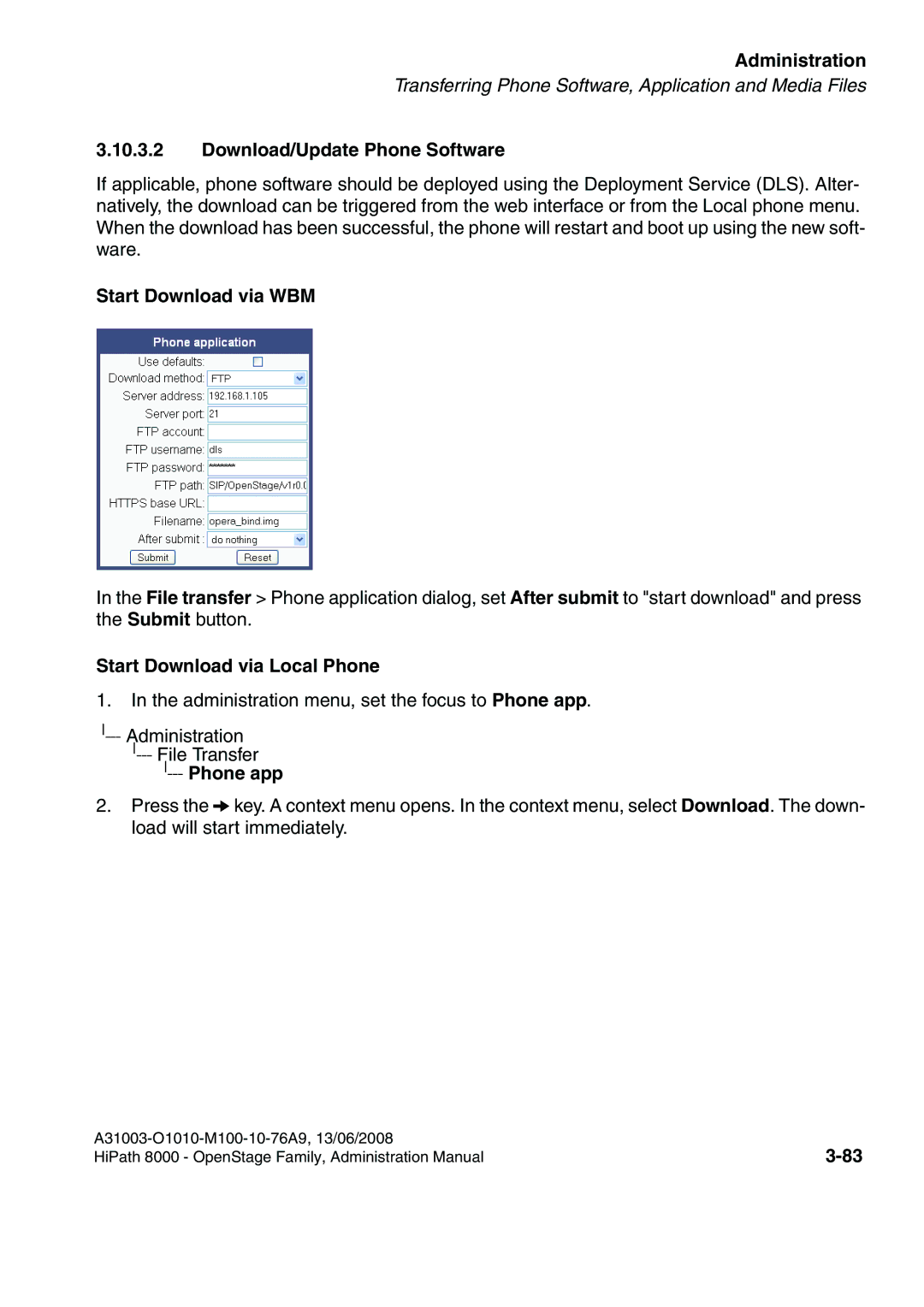 Siemens 8000 manual Download/Update Phone Software, Start Download via WBM, Start Download via Local Phone, Phone app 