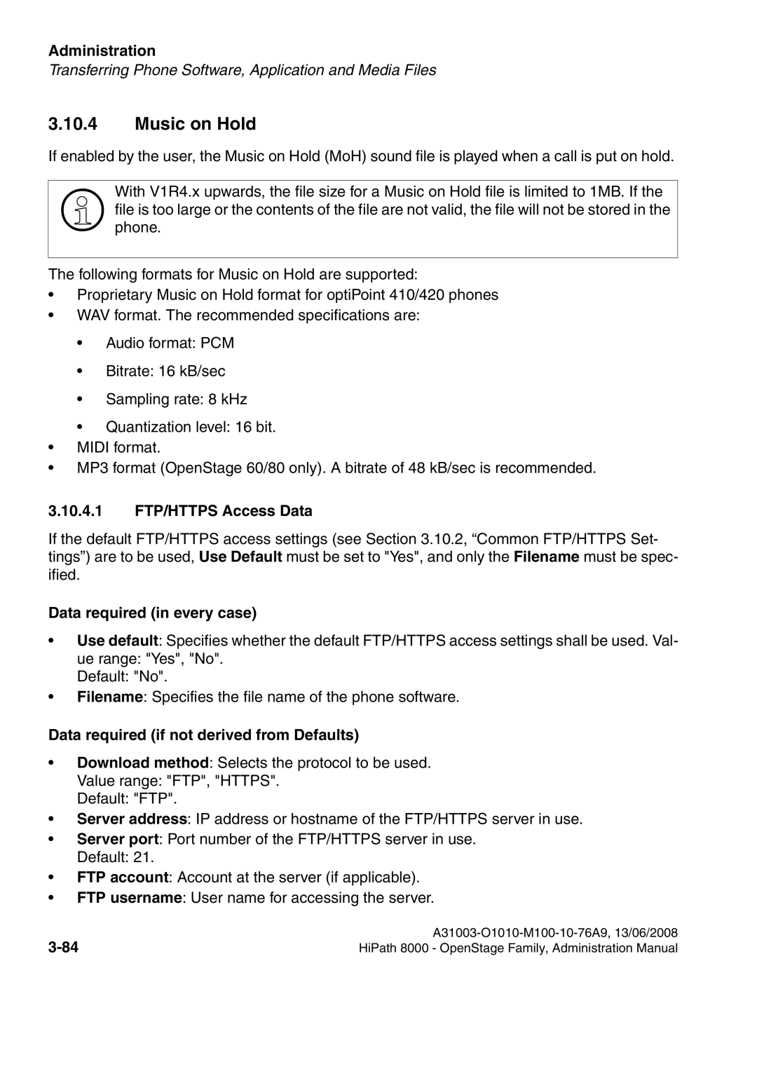 Siemens 8000 manual Music on Hold, 10.4.1 FTP/HTTPS Access Data 