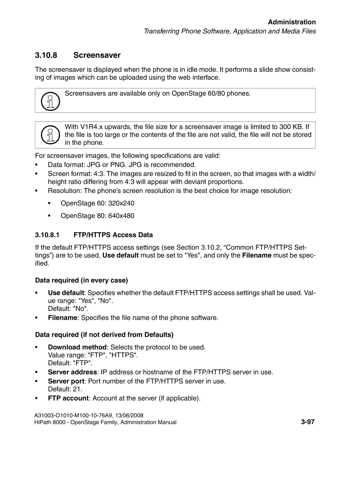 Siemens 8000 manual Screensaver, 10.8.1 FTP/HTTPS Access Data 