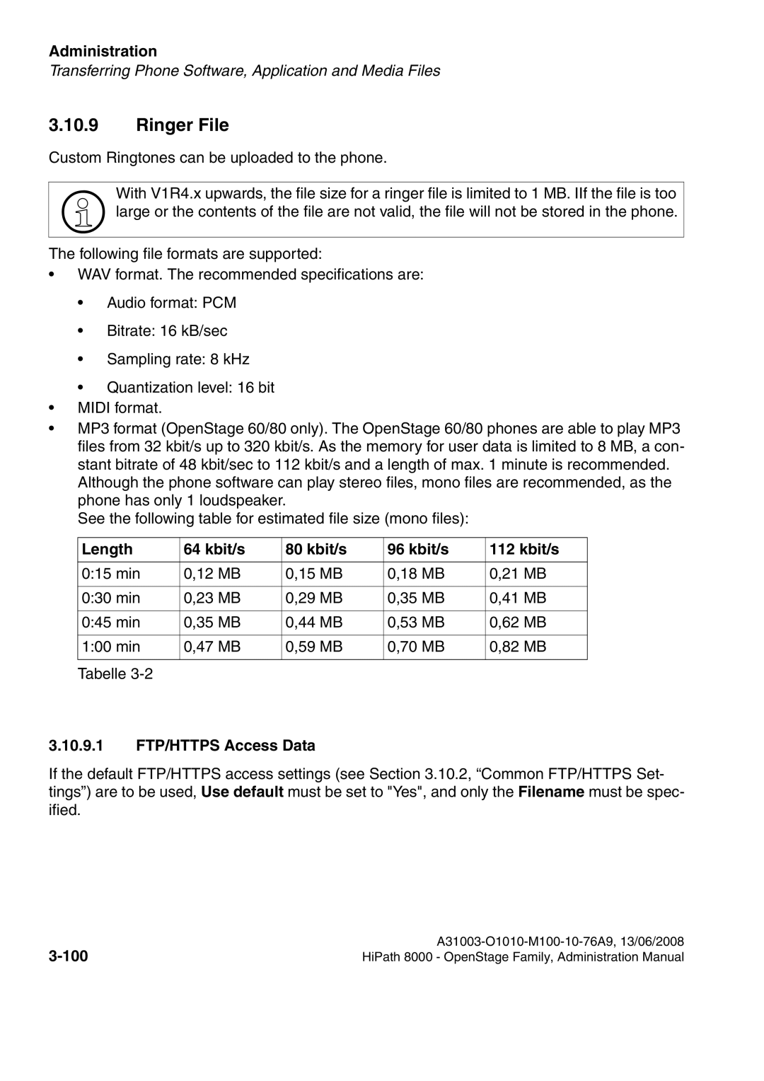 Siemens 8000 manual Ringer File, Length Kbit/s, 10.9.1 FTP/HTTPS Access Data, 100 
