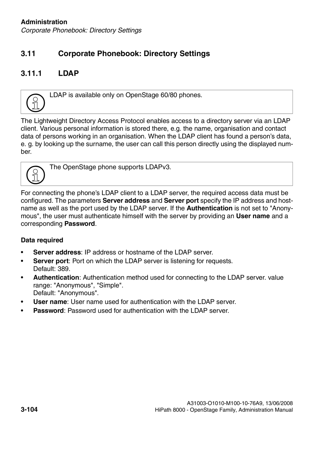 Siemens 8000 manual Corporate Phonebook Directory Settings Ldap, 104 