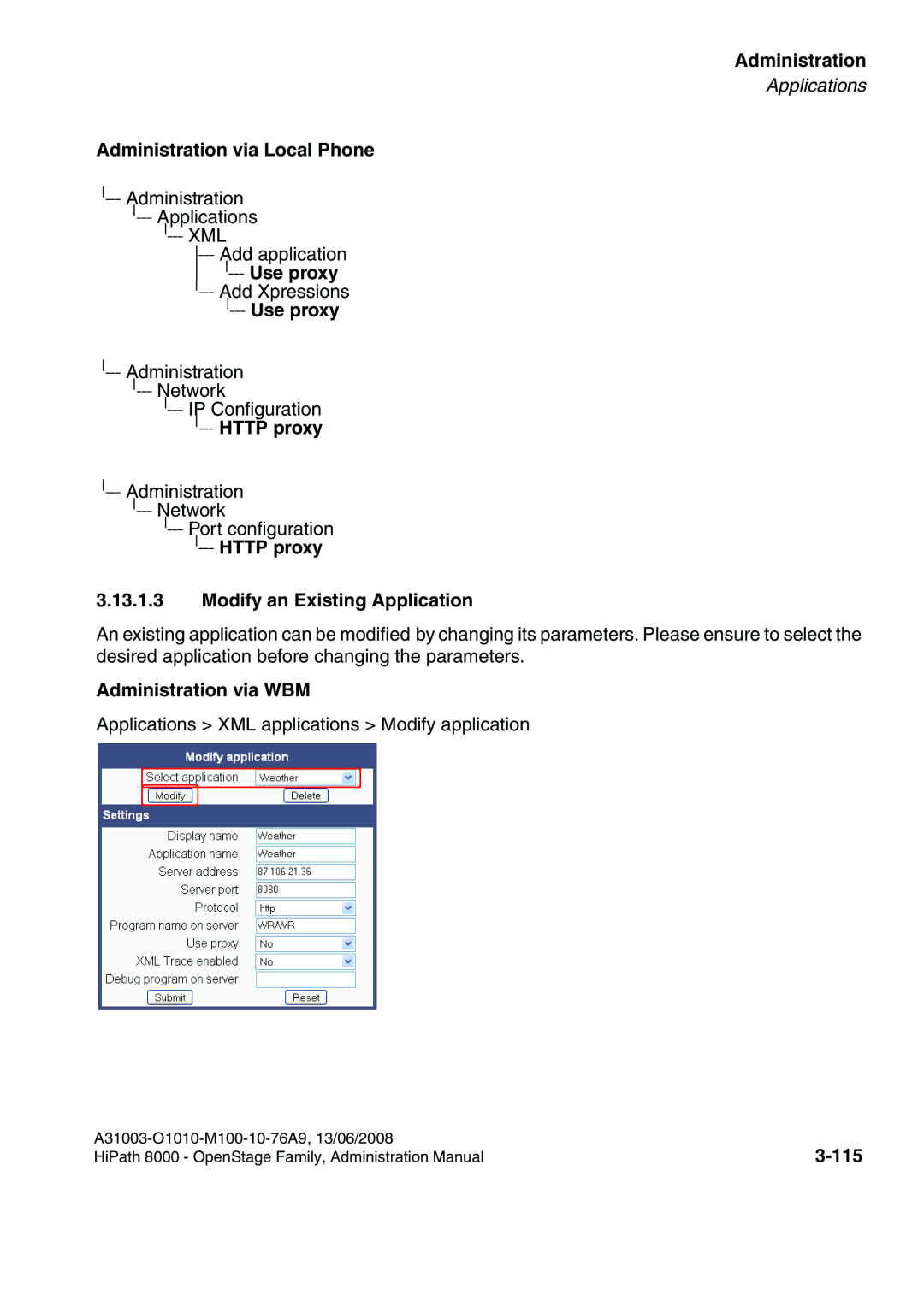 Siemens 8000 manual Use proxy, Modify an Existing Application, 115 