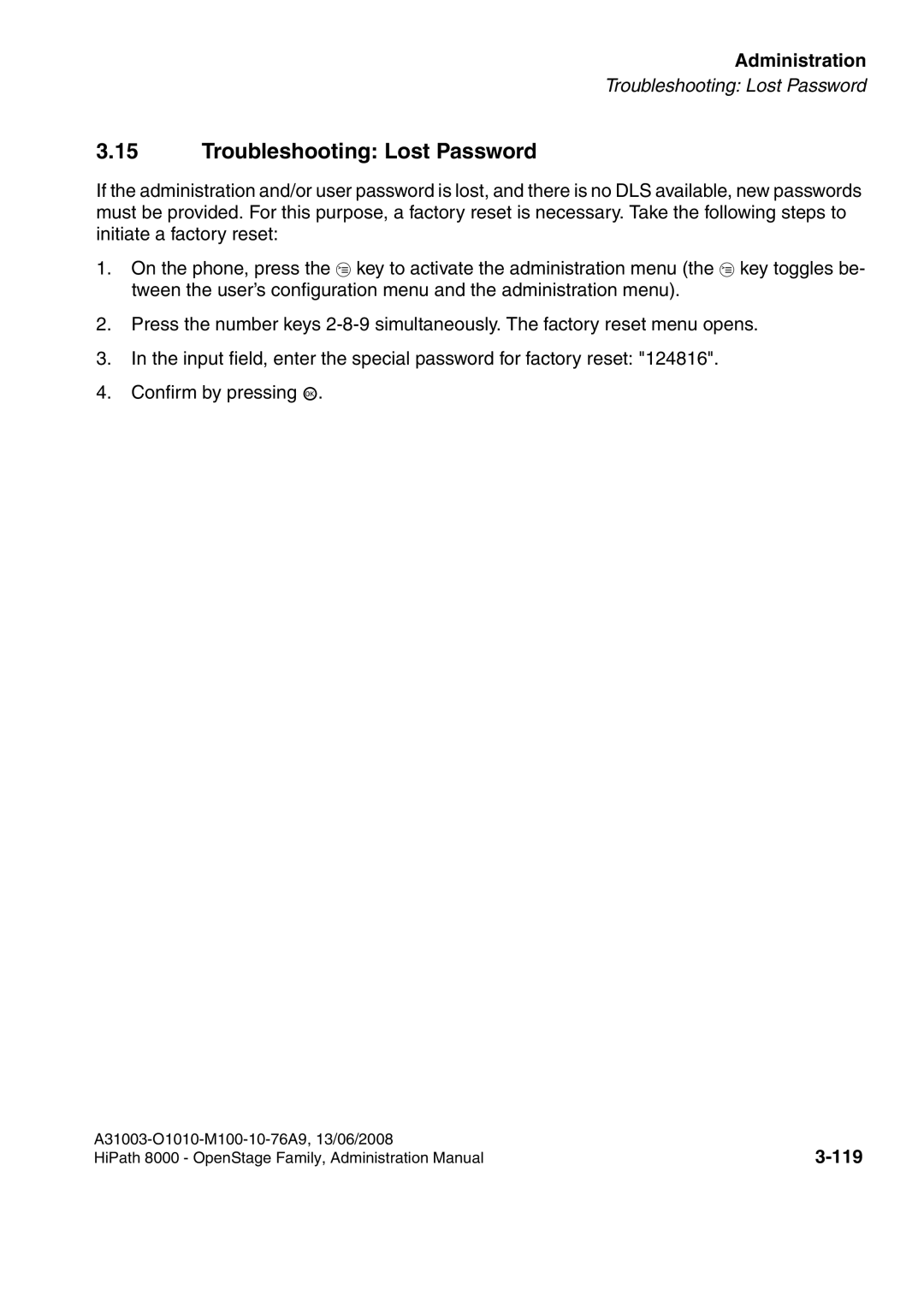 Siemens 8000 manual Troubleshooting Lost Password, 119 