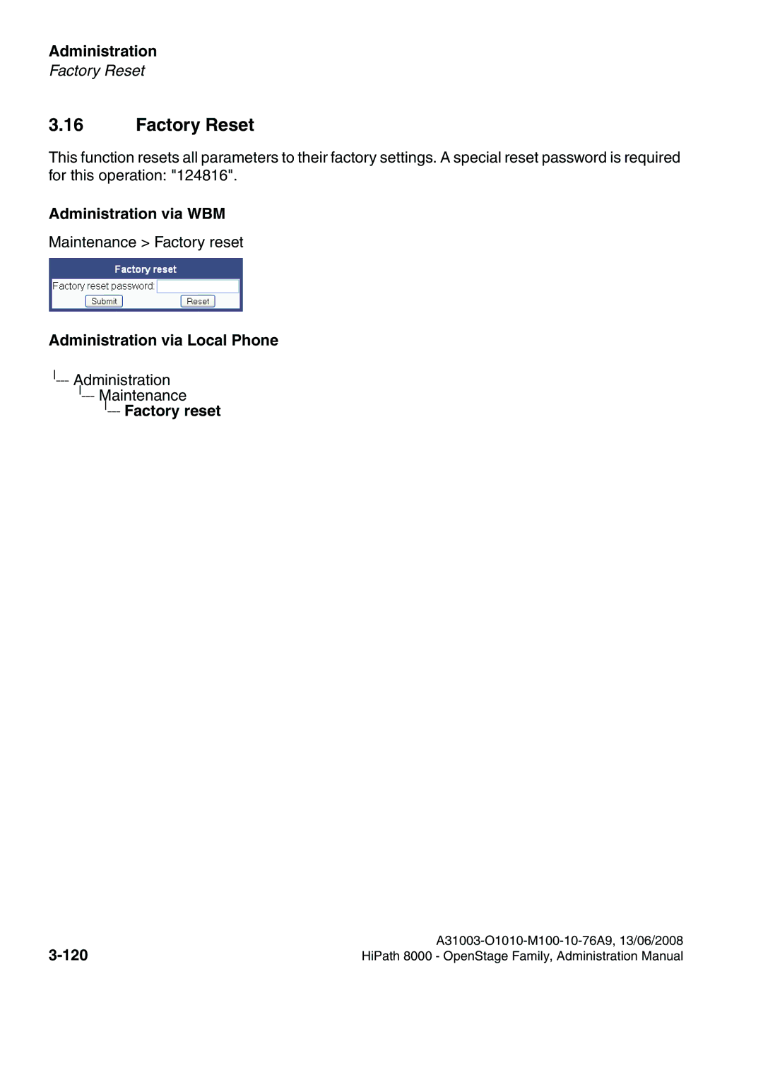 Siemens 8000 manual Factory Reset, Factory reset 120 