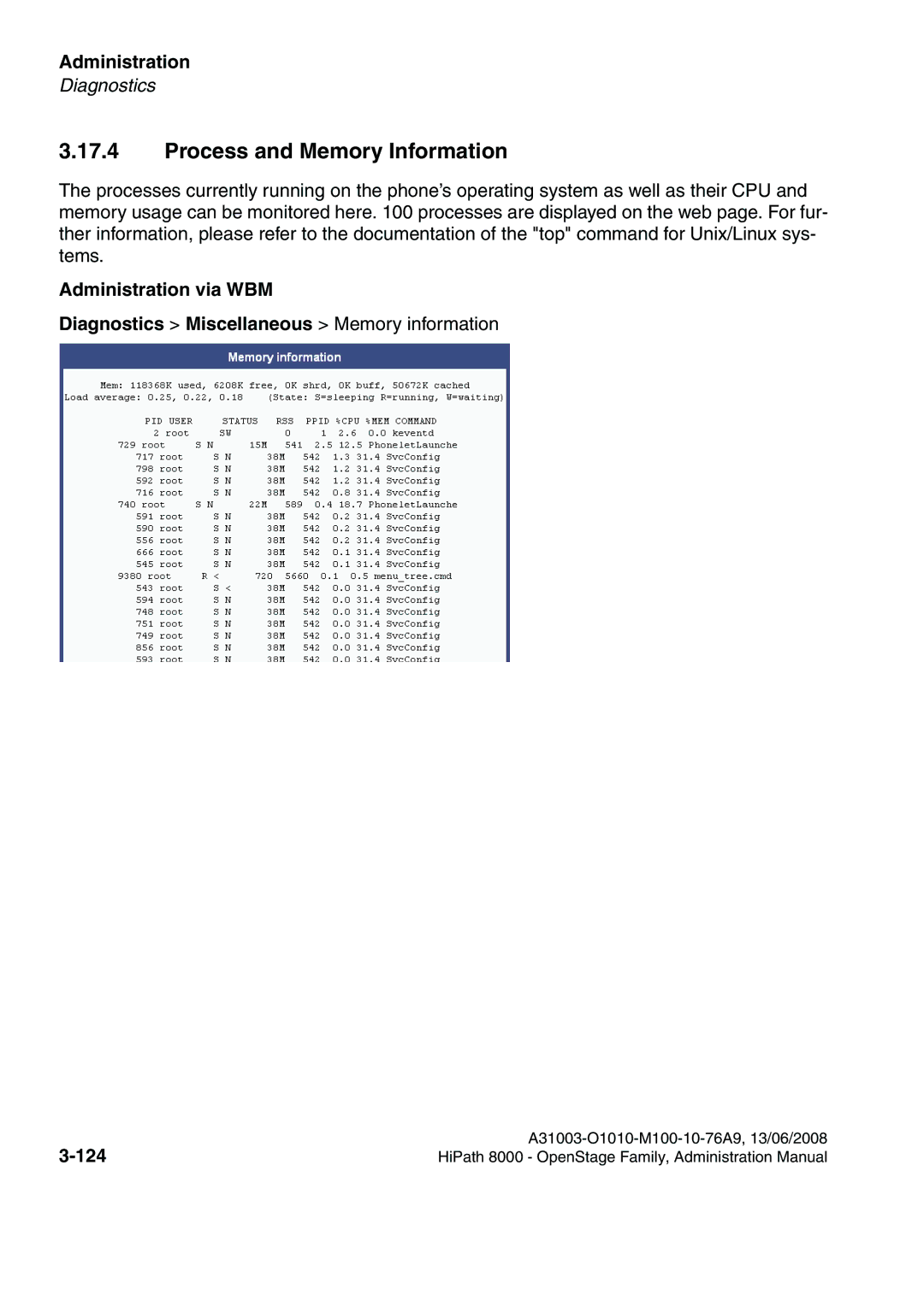 Siemens 8000 manual Process and Memory Information 