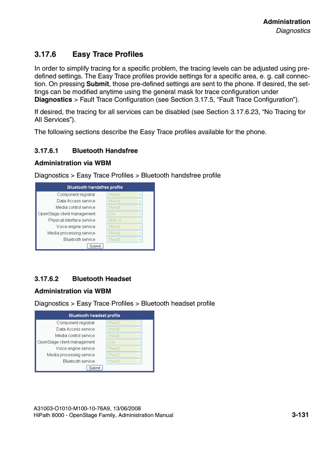 Siemens 8000 Easy Trace Profiles, Bluetooth Handsfree Administration via WBM, Bluetooth Headset Administration via WBM 