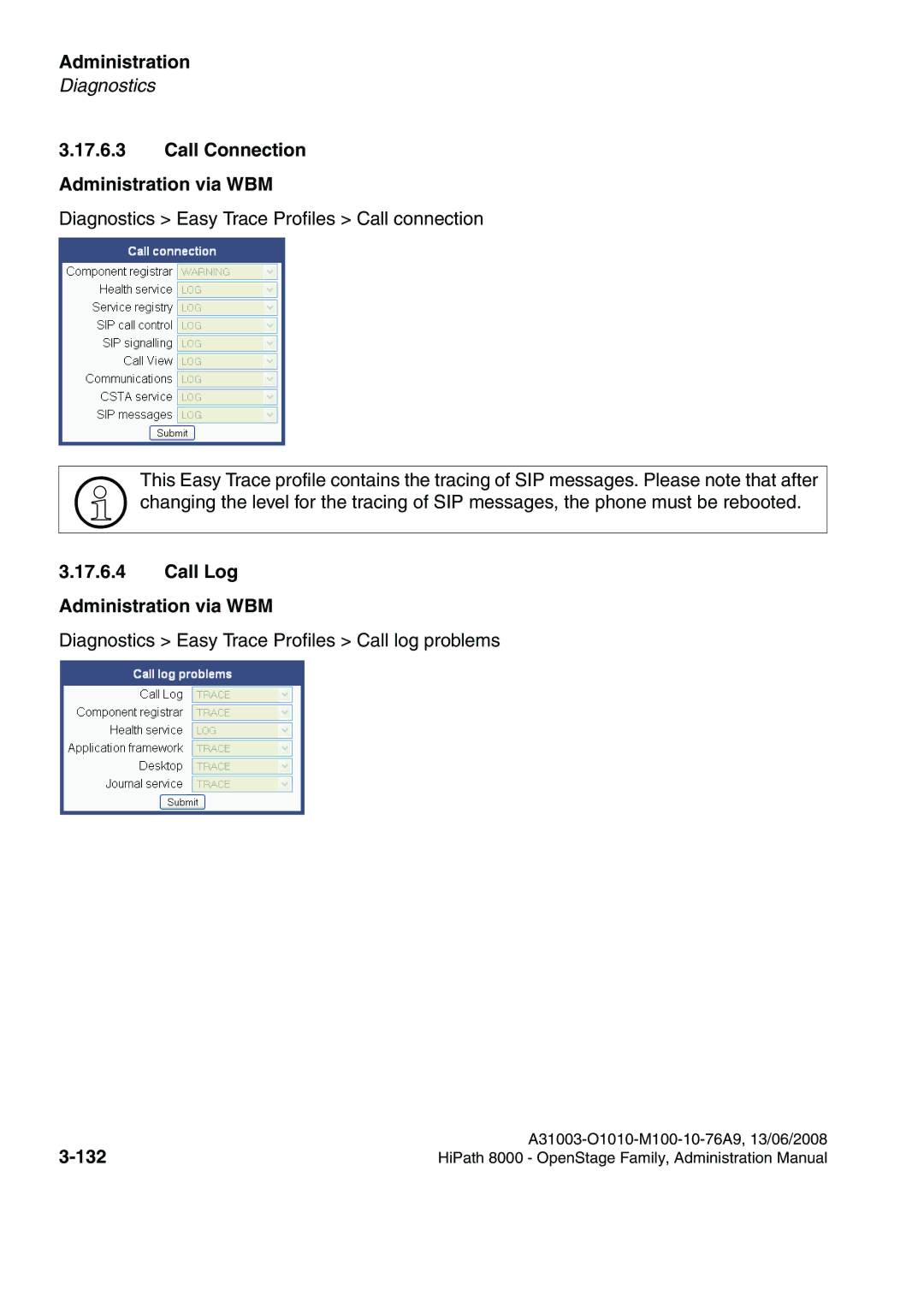 Siemens 8000 manual Call Connection Administration via WBM, Call Log Administration via WBM, 132 