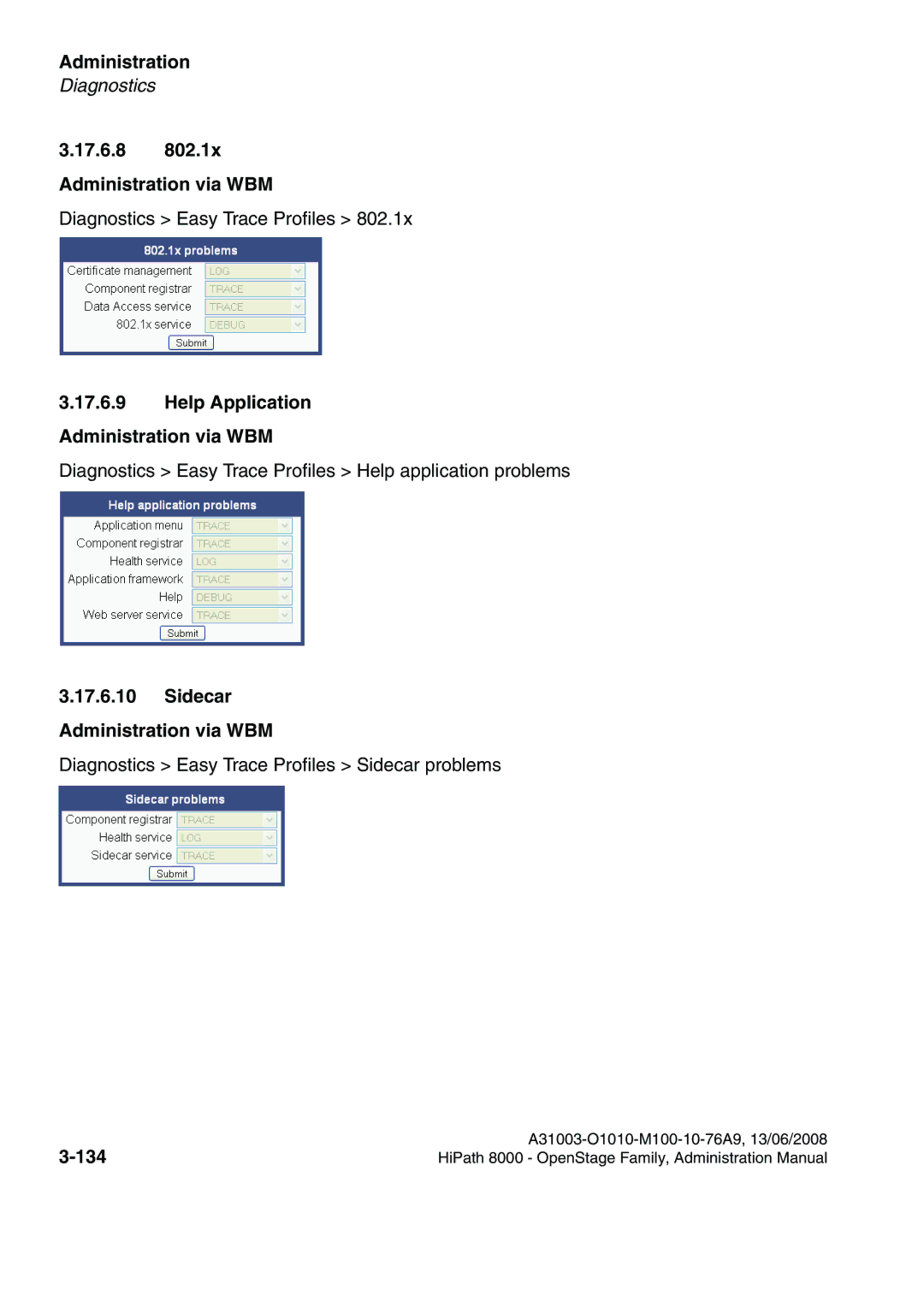 Siemens 8000 manual Help Application Administration via WBM, Sidecar Administration via WBM, 134 